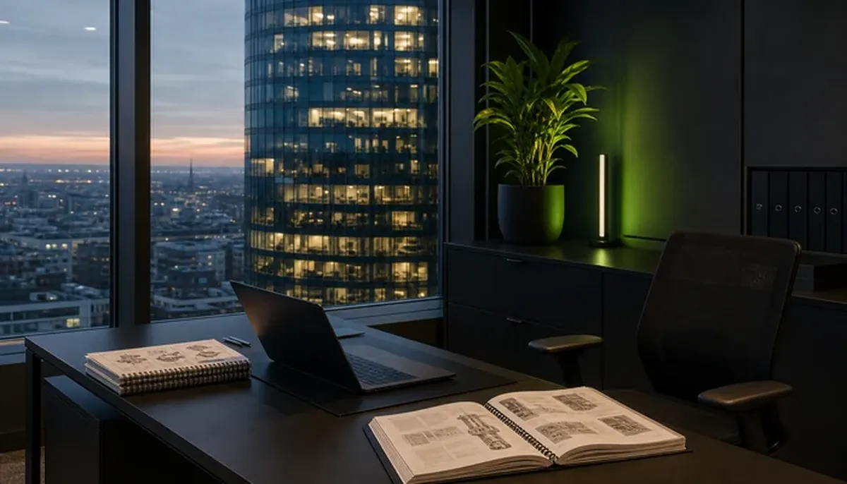 Büroecke in den Highlight Towers München mit Fachliteratur zur Fahrzeugdiagnose