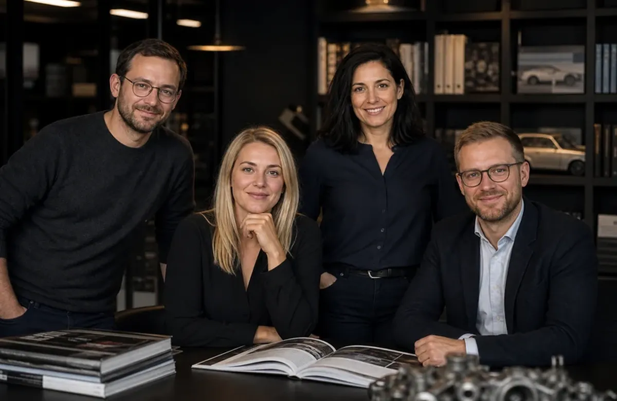 Redaktionsteam sidewalkdrift.com: vier Mitarbeitende mit erkennbaren Gesichtern im Büro