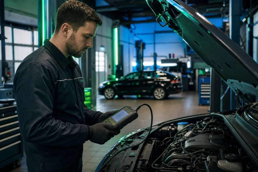 Diagnosearbeitsplatz mit OBD-Prüfgerät am Motorraum in dunkler Werkstattumgebung